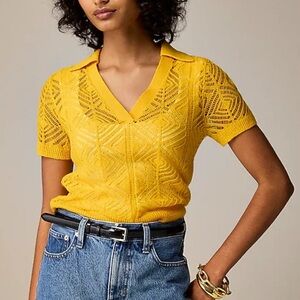 NWT J Crew cashmere pointelle lace short sleeve mango yellow polo sweater Sz S